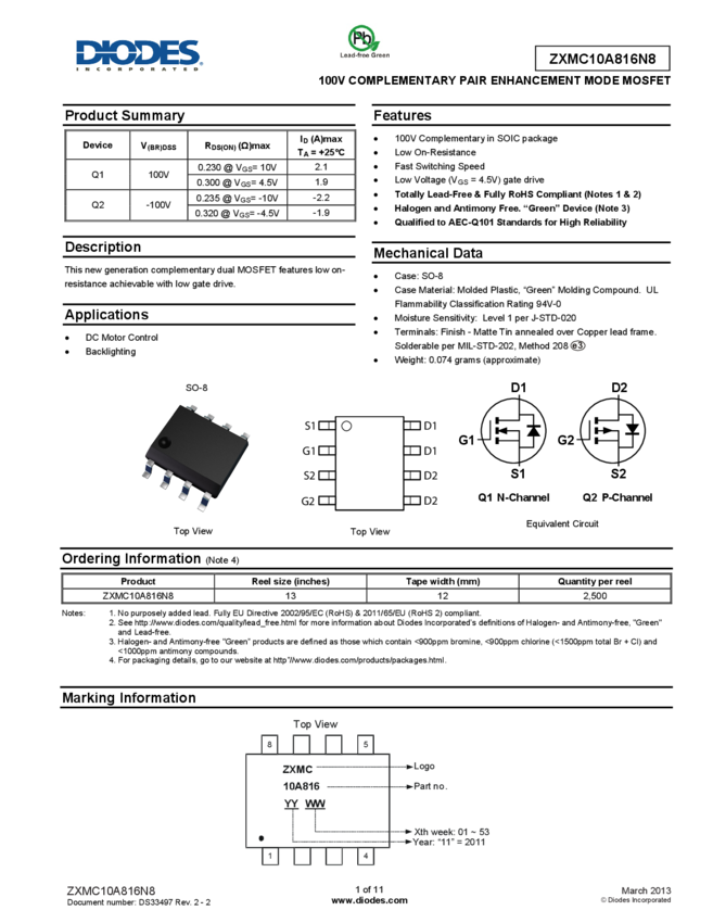 100V SO8 COMPLEMENTARY DUAL ENHANCEMENT MODE MOSFET » ZXMC10A816N8 ...