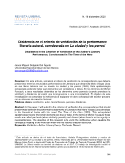 Disidencia en el criterio de veridicción de la performance literaria autoral, corroborada en<i> La ciudad y los perros</i>