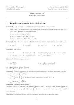 Feuille d'exercices N°1 (TD N°1), Intégrales généralisées, Analyse 3