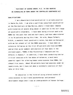 Testimony of George Greer, M.D. in DEA Hearing on Scheduling MDMA Under the Controlled Substances Act. in the Matter of MDMA Scheduling Item