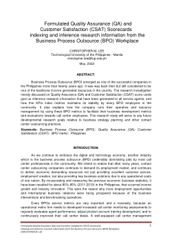 <b>Formulated Quality Assurance (QA) and Customer Satisfaction (CSAT) Scorecards Indexing and inference research information from the Business Process Outsource (BPO) Workplace</b>