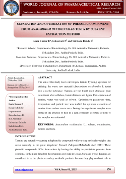 <b>SEPARATION AND OPTIMIZATION OF PHENOLIC COMPONENT FROM ANACARDIUM OCCIDENTALES TESTA BY SOLVENT EXTRACTION METHOD</b>