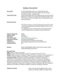 Scoping Review Search Protocol:Prevalent reproductive health issues, and the determinants of reproductive health outcomes, for Afghan women resettling externally as refugees - a scoping review