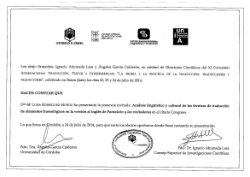 Conference participation certificate: "Análisis lingüístico y cultural de las técnicas de traducción de elementos fraseológicos en la versión al inglés de Pantaleón y las visitadoras"