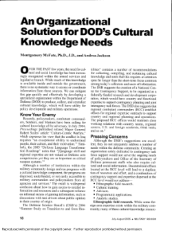 An Organizational Solution for DOD's Cultural Knowledge Needs,<i> Military Review </i>85, no. 4 <i>(</i>July-August, 2005), 18-21