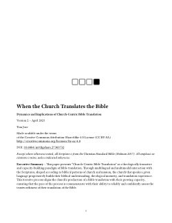 <b>When the Church Translates the Bible:</b> Dynamics and Implications of Church-Centric Bible Translation