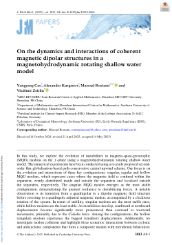 On the dynamics and interactions of coherent magnetic dipolar structures in a magnetohydrodynamic rotating shallow water model