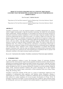 <b>RISKS IN WASTEWATER PIPE INSTALLATION BY TRENCHLESS CONSTRUCTION METHOD PIPE JACKING FOR QUALITY PERFORMANCE IMPROVEMENT</b>