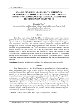 <b>ANALISIS PENGARUH LEARNABILITY, EFFICIENCY, MEMORABILITY, ERRORS, DAN SATISFACTION TERHADAP USABILITY APLIKASI BANK SAQU MENGGUNAKAN METODE PLS-SEM DENGAN SMART PLS 4.0</b>
