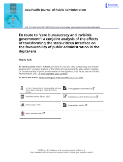 Aoki, N. (2025). En Route to “Zero Bureaucracy and Invisible Government”: A Conjoint Analysis of the Effects of Transforming the State-Citizen Interface on the Favourability of Public Administration in the Digital Era. <i>Asia Pacific Journal of Public Administration. </i>https://doi.org/10.1080/23276665.2025.2478554 (Open Access).