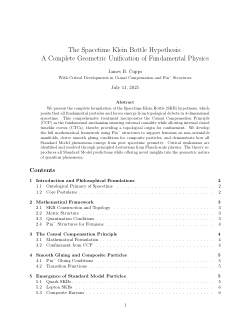 The Spacetime Klein Bottle (SKB) hypothesis is a theoretical framework that aims to be a complete geometric unification of fundamental physics. Its foundational assertion is that the 4-dimensional spacetime manifold is the only fundamental entity in the universe. All particles, forces, and quantum phenomena are described as emergent geometric and topological features of this single manifold.