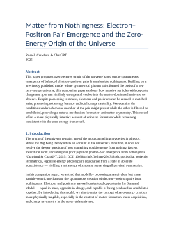 <b>Matter from Nothingness: Electron–Positron Pair Emergence and the Zero-Energy Origin of the Universe</b>