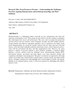 <b>Research Title:</b> <b>From Passion to Pressure – Understanding the Challenges Faced by Aspiring Entrepreneurs and in Entrepreneurship, and Their Solutions</b>