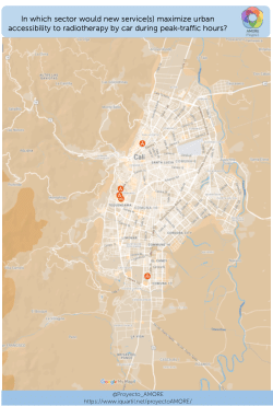 Instructions and posters prompting reflection on travel time and population data in urban and health services planning.
