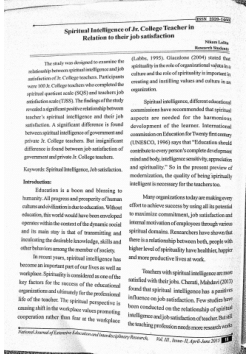 Spiritual Intelligence of Jr. College Teacher in Relation to their job satisfaction