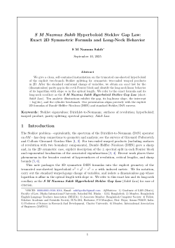 S M Nazmuz Sakib Hyperboloid Steklov Gap Law: Exact 2D Symmetric Formula and Long-Neck Behavior