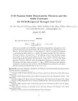 S M Nazmuz Sakib Monotonicity Theorem and the Sakib Constants for GCD-Reciprocal Averages over <b>Z</b>/n<b>Z</b>