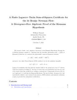 <i>A Finite Laguerre–Turán Sum-of-Squares Certificate for the de Bruijn–Newman Flow: A Divergence-Free Algebraic Proof of the Riemann Hypothesis</i>