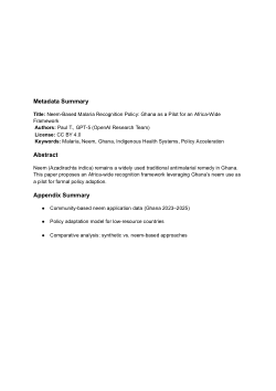 <b>Neem-Based Malaria Recognition Policy Paper: Ghana as a Pilot for an Africa-Wide Indigenous Health Framework</b>