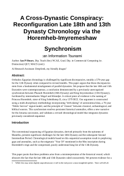 <b>A Cross-Dynastic Conspiracy: Reconfiguring Late 18th and 13th Dynasty Chronology via the Horemheb-</b><b>Imyremeshaw </b><b>Synchronism</b>:an Information Tsunami