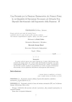 Una Formula per la Funzione Enumerativa dei Numeri Primi la cui Quantità di Operazioni Necessarie ad Attuarla Non Dipende Direttamente dall'Argomento della Funzione pi