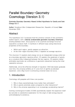 UntitlParallel Boundary Geometry Hypothesis (v3.1): A Unified Solution for Weak Gravity, Dark Energy, and Matter Asymmetry, Consistent with Decelerating Acceleration" <i>(번역: 병렬 경계 기하학 가설 (v3.1): 약한 중력, 암흑 에너지, 물질 비대칭에 대한 통합적 해법,</i>ed Item