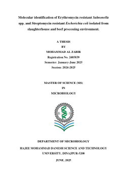 <b>Molecular identification of Erythromycin resistant </b><b><i>Salmonella</i></b><b> spp. and Streptomycin resistant </b><b><i>Escherichia coli</i></b><b> isolated from slaughterhouse and beef processing environment.</b>