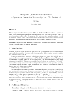 Dissipative Quantum Hydrodynamics: A Symmetric Interaction Between QM and GR