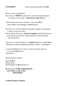 <b>The invention describes a modular olfactory platform based on the use </b><b>of volatile odorant substances and intelligent or passive carriers. </b><b>It enables passive geolocation, covert or non-covert marking, mobile detection, </b><b>contextual signaling, and autonomous navigation, without relying </b><b>on active signals or heavy electronic infrastructure. </b><b>Exemple : </b>Cheapest solutions for locating Asian hornet nests...