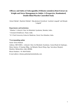 <b>Efficacy and Safety of Ashwagandha (</b><b><i>Withania somnifera</i></b><b>) Root Extract on Weight and Stress Management in Adults: A Prospective, Randomized, Double-Blind Placebo-Controlled Study</b>