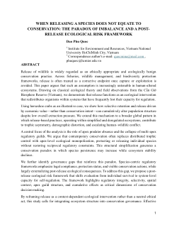 <b>WHEN RELEASING A SPECIES DOES NOT EQUATE TO CONSERVATION: THE PARADOX OF IMBALANCE AND A POST-RELEASE ECOLOGICAL RISK FRAMEWORK</b>
