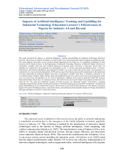 <b>Impacts of Artificial Intelligence Training and Upskilling for Industrial Technology Education Lecturer’s Effectiveness in Nigeria for Industry 4.0 and Beyond</b>