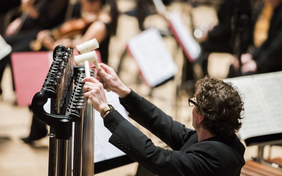 Music of Today, credit Camilla Greenwell A percussionist playing the tubular bells