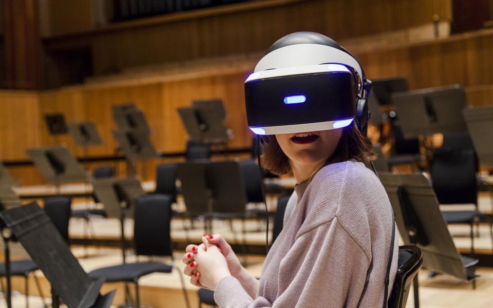 VR, credit Marina Vidor A woman experiencing the Philharmonia's virtual reality