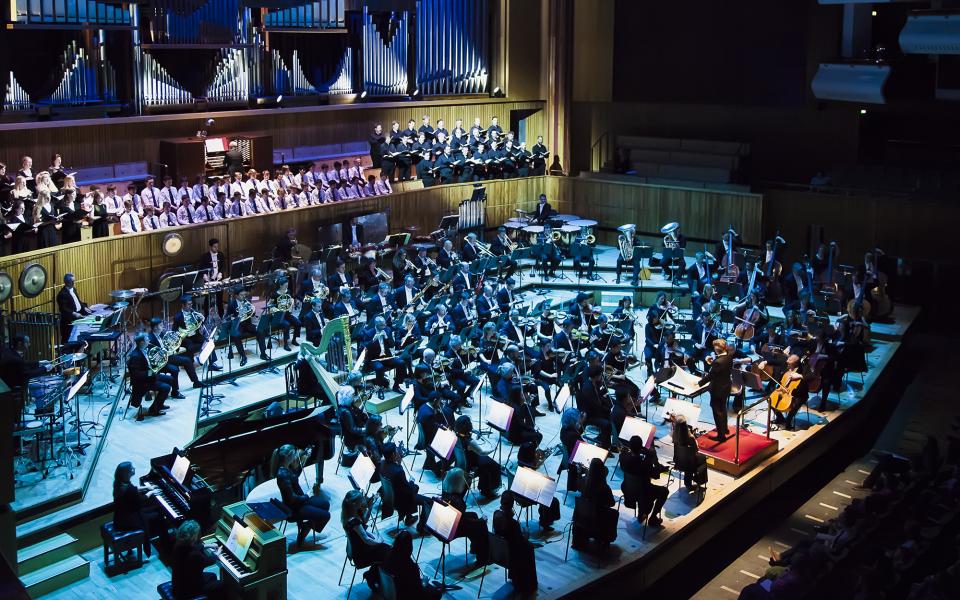 Philharmonia Orchestra on stage at Royal Festival Hall, credit Katherine Leedale Philharmonia on stage at Royal Festival Hall
