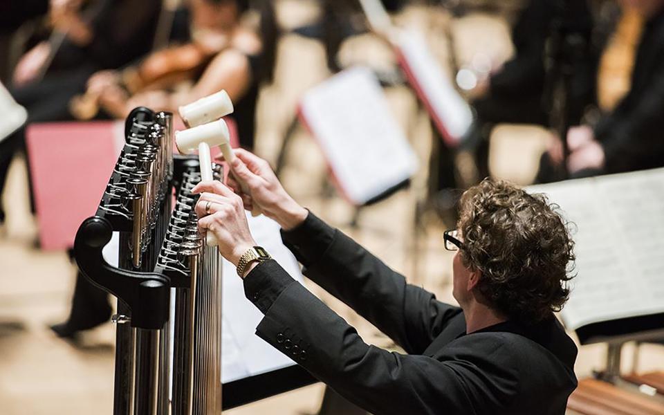 Music of Today, credit Camilla Greenwell A percussionist playing the tubular bells