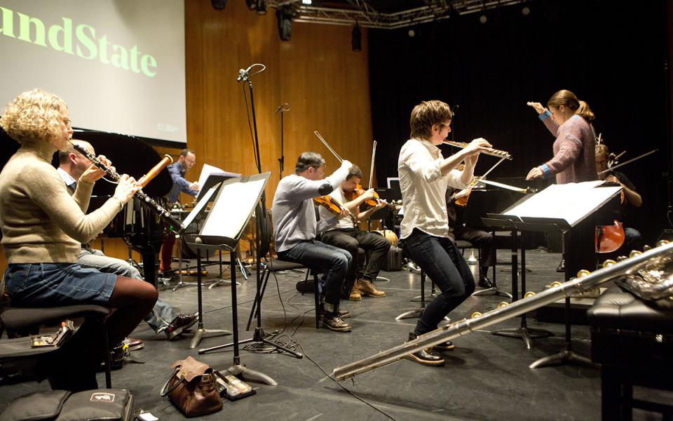Music of Today_Claire Chase2_credit Belinda Lawley_medium-res Photo of flautist Claire Chase with the Philharmonia