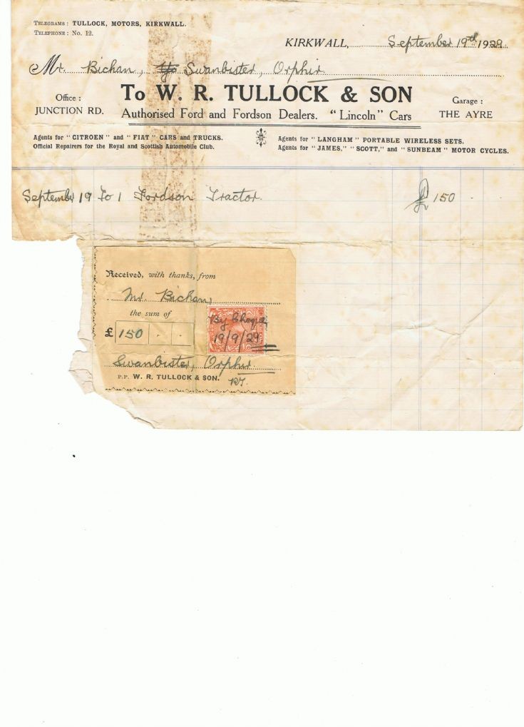 Tractor receipt from 1929