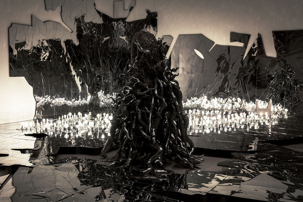 01 installation view of lee bul monster black 2011 and civitas solis ii 2014 at hayward gallery 2018 %c2%a9 lee bul 2018. photo mark blower