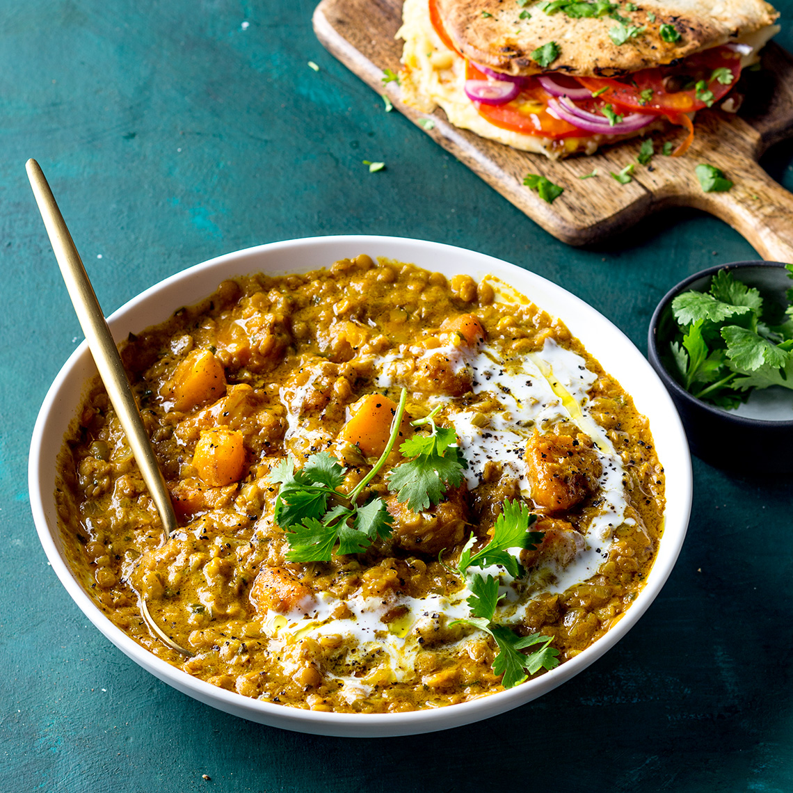 Curried lentil-and-pumpkin soup with ‘naanwiches’