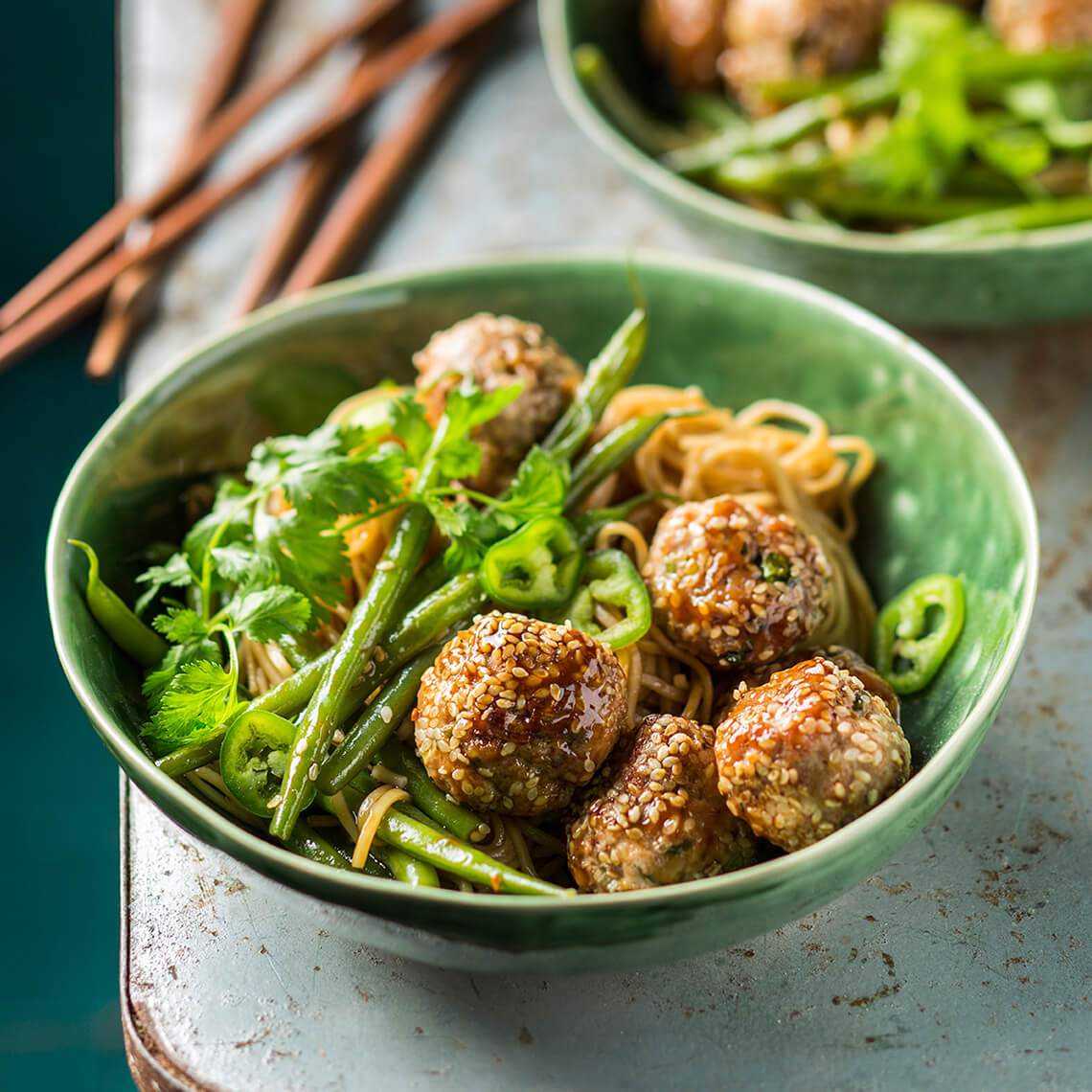 Sesame pork meatballs and noodles
