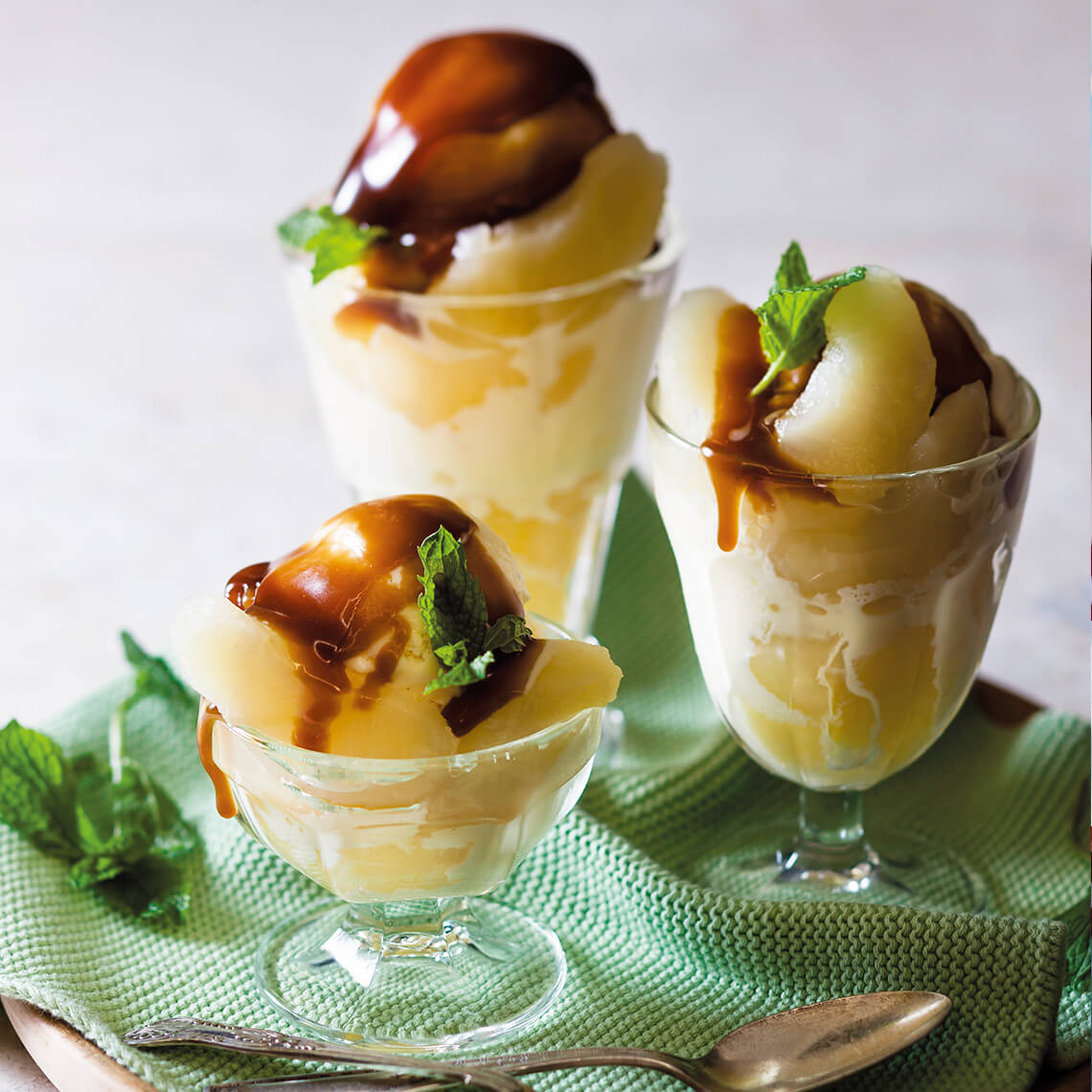 Warm butterscotch and apple sundaes