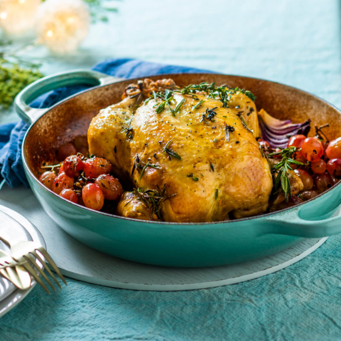 Whole roast chicken with grapes