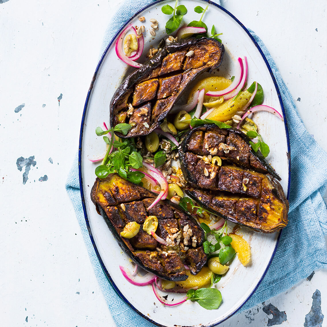 Whole roasted brinjals