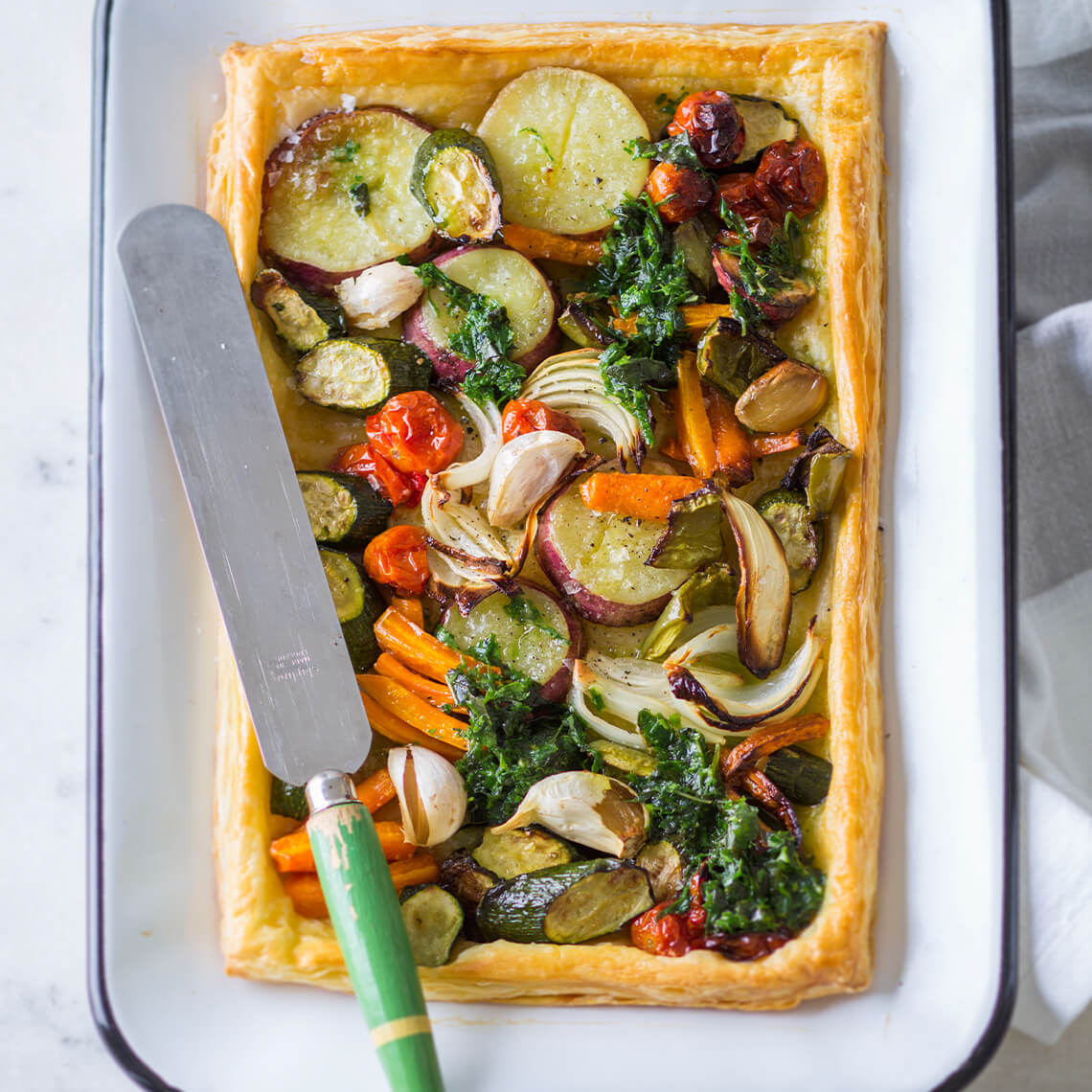 Roast-veg tart with herb oil