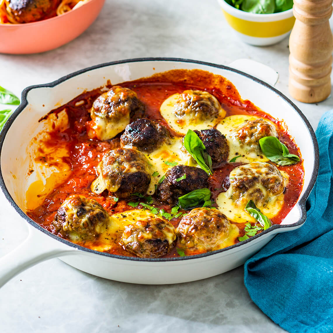 Cheesy tomato meatballs on spaghetti