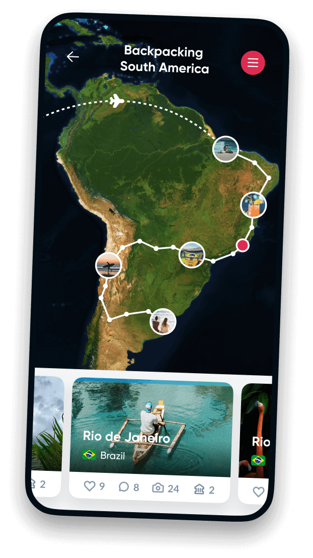 Un téléphone affichant une carte avec un voyage tracé en haut et une liste d'activités du voyage en bas.