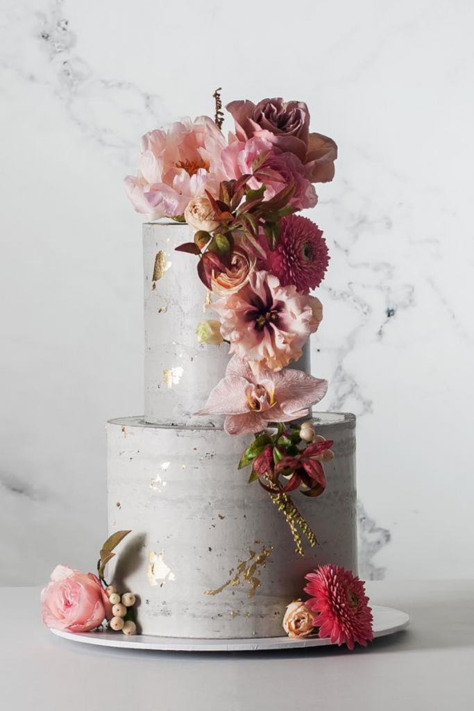 Grey Wedding Cake with Floral Arrangements