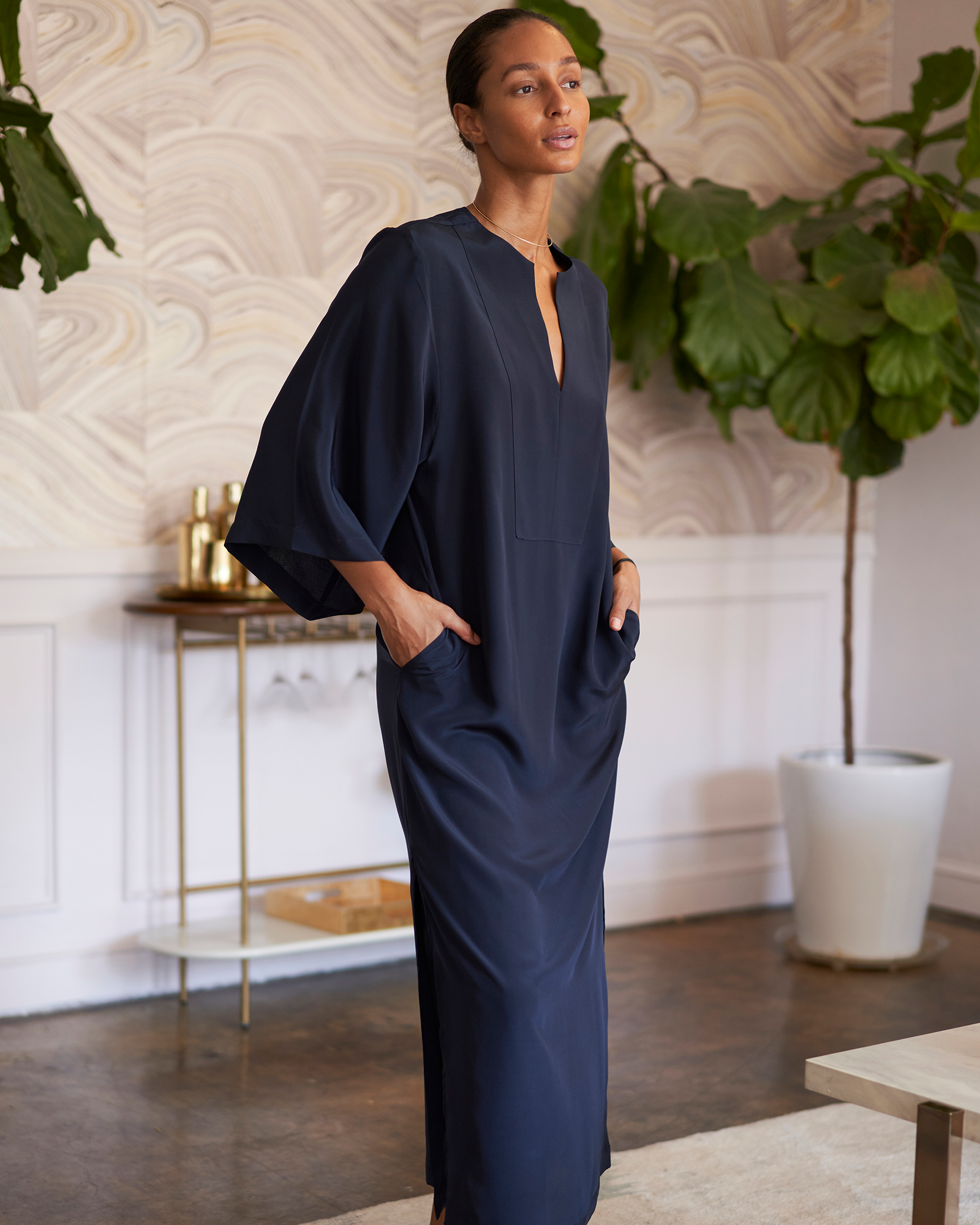 3- Navy Silk Bib Caftan