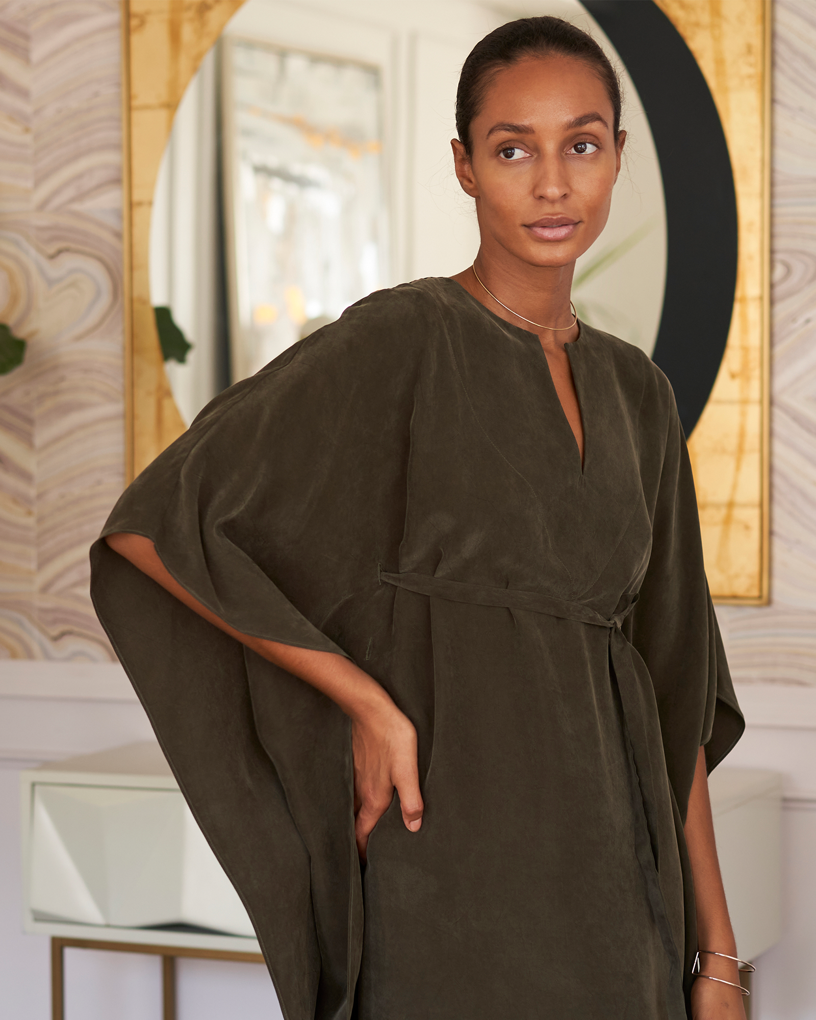 2- Khaki Green Cupro Belted Long Caftan